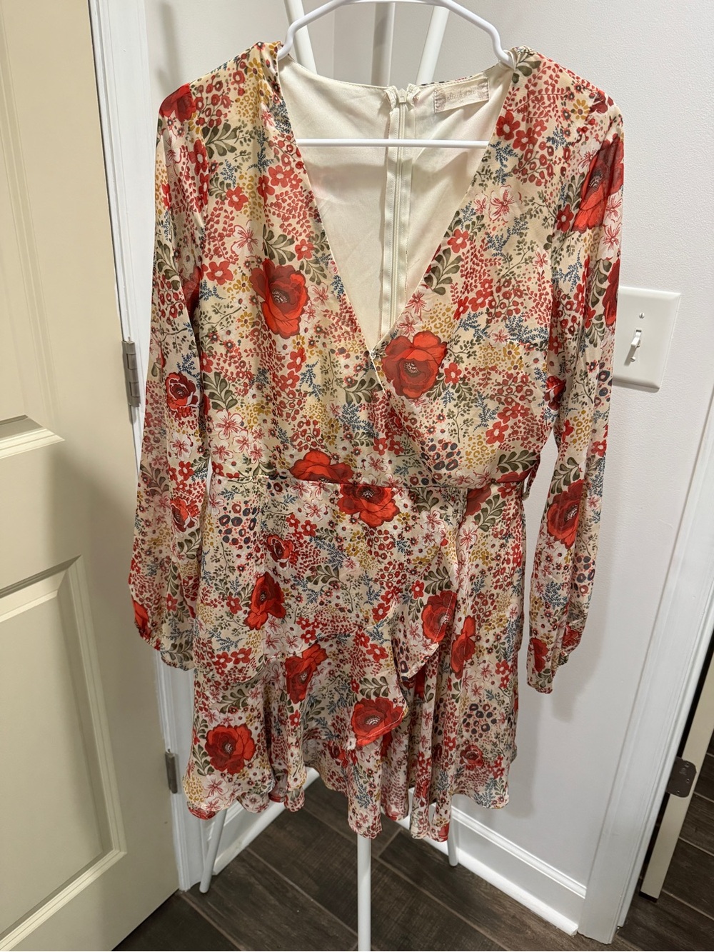 Altar’d State Cream Floral V-neck Long Sleeve Ruffle Dress